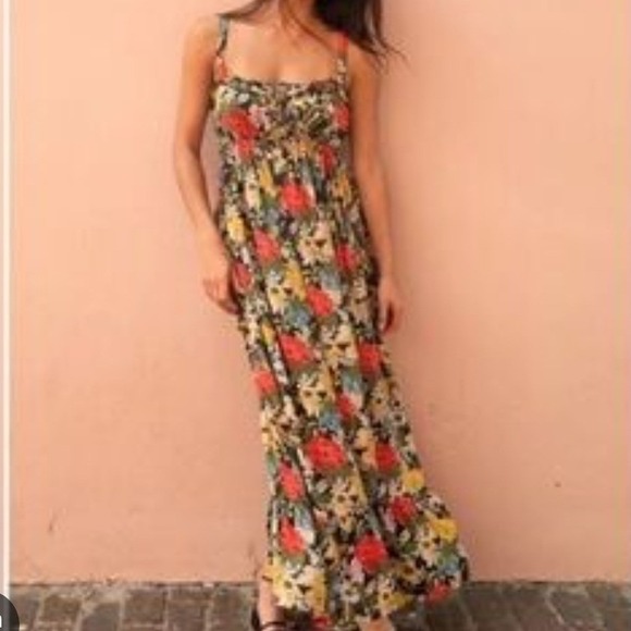 NATURAL LIFE Dresses & Skirts - Natural Life Maxi Dress Mod Floral Print Tie Back Midi Orange Green Yellow Large